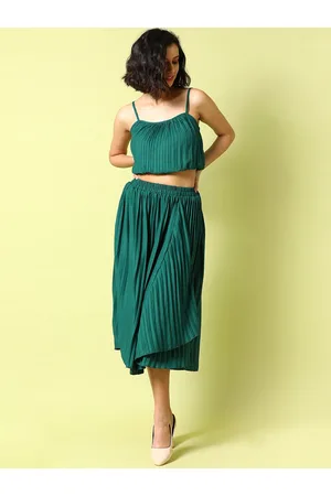 Campus Pleated Shoulder Straps Blouson Crop Top & Skirt