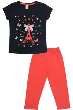 Clothe Funn Girls Graphic Printed Pure Cotton T-shirt with Pyjamas