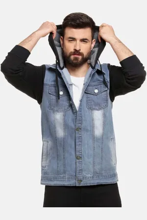 Campus Black & Blue Washed Colourblocked Windcheater Hooded Cotton Denim Jacket