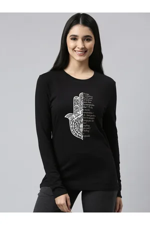 ENAMORA E157 Basic Crew Neck Stretch Cotton Tee for Women with Graphic Print & Long Sleeves