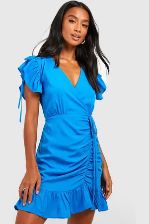 Boohoo Petite Ruffle Flared Sleeve Ruched Wrap Mini Dress