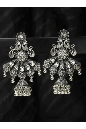 ADIVA Silver-Plated Contemporary Oxidized Jhumkas Earrings