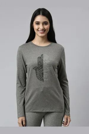 ENAMORA E157 Basic Crew Neck Stretch Cotton Tee for Women with Graphic Print & Long Sleeves