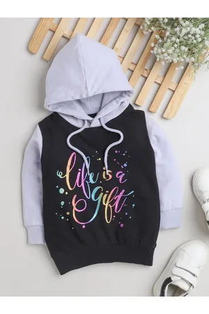 BUMZEE Girls Typography Printed Hooded Cotton Sweatshirt