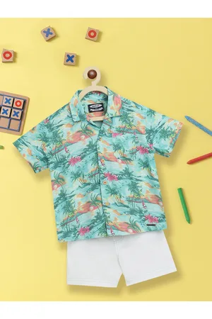 Nauti Nati Boys Turquoise Blue & White Printed Cotton Shirt with Shorts