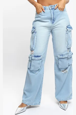 FREAKINS Women Straight Fit High-Rise Mildly Distressed Heavy Fade Denim Cargo