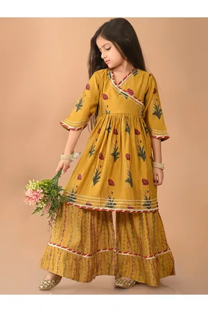 LilPicks Girls Floral Printed Angrakha Gotta Patti Pure Cotton Kurta with Sharara
