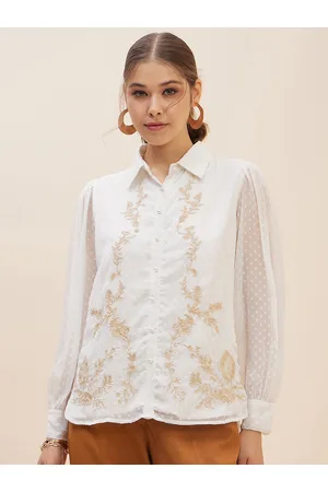 Antheaa White Floral Self Design Cuffed Sleeves Embroidered Detail Shirt Style Top