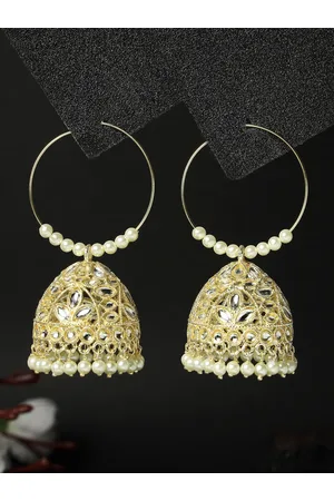 ADIVA Gold-Plated Kundan-Studded & Pearl Beaded Dome Shaped Jhumkas