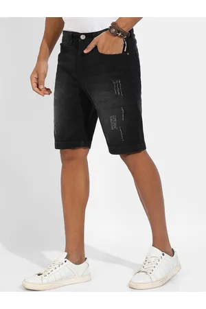 Campus Black Washed Scratched Outdoor Mid-Rise Denim Shorts