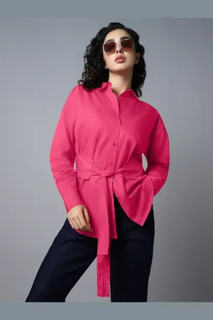 High Star Spread Collar Cuffed Sleeves Waist Tie-Ups Shirt