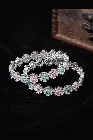 justpeachy Set Of 2 Rhodium-Plated American Diamond-Studded Bangles