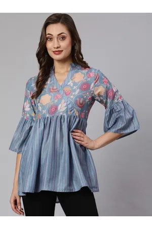 Jaipur Floral Printed Mandarin Collar Bell Sleeve Empire Longline Top