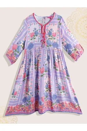 Biba Girls Lavender & Blue Floral Print Fit & Flare Dress with Tie-Ups