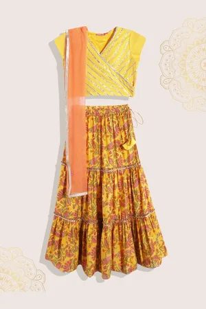 Biba Girls Mustard Yellow & Peach-Coloured Floral Ready to Wear Lehenga & Blouse Dupatta