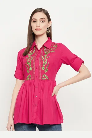 BAESD Floral Embroidered Gathered Longline Shirt Style Top