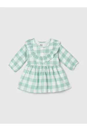Max Collection Girls Checked Bishop Sleeves A- Line Cotton Dress With Ruffle Detail