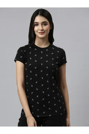 ENAMORA Women Black Printed Slim Fit Cotton Lounge Tshirts