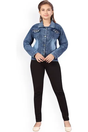 BAESD Girls Washed Colourblocked Lightweight Longline Denim Jacket with Embroidered