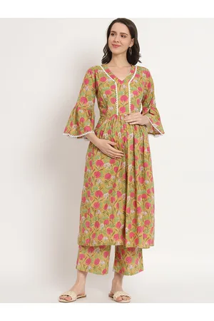 Aujjessa Floral Printed Pure Cotton Maternity Anarkali Kurta With Palazzos