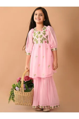 LilPicks Girls Floral Embroidered Puff Sleeve Kurta with Sharara