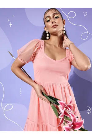 DressBerry Peachy Pink Puff Sleeve Net A-Line Maxi We May Party Sheer Dress