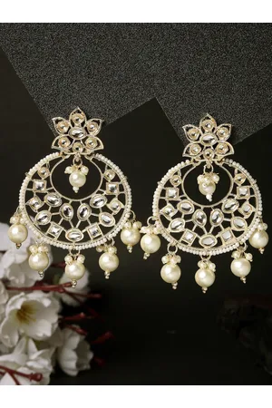 ADIVA Gold-Plated Kundan Studded & Beaded Chandbalis Earrings