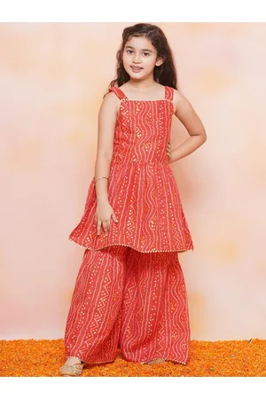 AJ DEZINES Girls Bandhani Printed Square Neck Pure Cotton A-Line Kurta With Sharara
