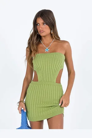LULU & SKY Striped Strapless Cut Outs Detail Bodycon Dress