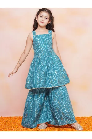 AJ DEZINES Girls Bandhani Printed Empire Gotta Patti Pure Cotton Kurta with Sharara