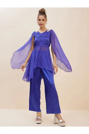 Antheaa Embellished Cape Sleeve Top With Straight Trousers