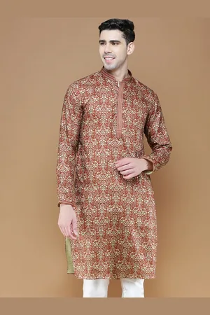 Sanwara Floral Printed Mandarin Collar Thread Work Silk Straight Kurta