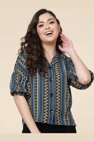 DressBerry Blue Ethnic Motifs Printed Lapel Collar Puff Sleeves Shirt Style Top