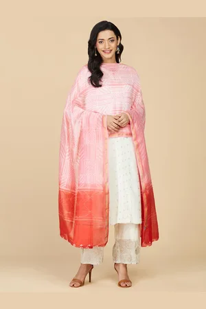 Fabindia Pink & Gold-Toned Printed Cotton Silk Dupatta with Zari