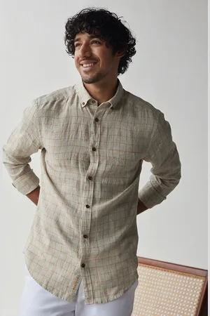 Andamen Premium Checked Button-Down Collar Casual Linen Shirt