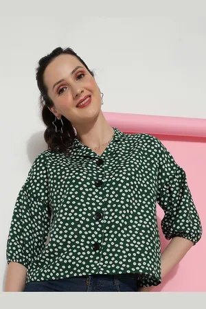 DressBerry Green Floral Printed Shirt Style Top