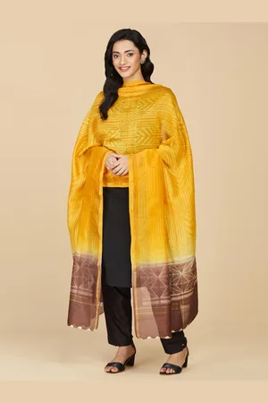 Fabindia Mustard & Brown Printed Cotton Silk Dupatta with Zari