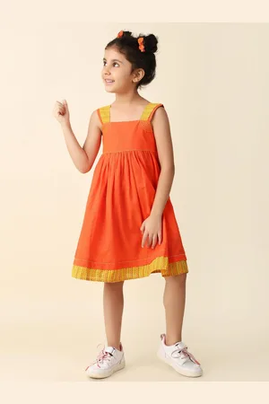 Fabindia Girls Shoulder Straps Gathered Cotton Fit & Flare Dress