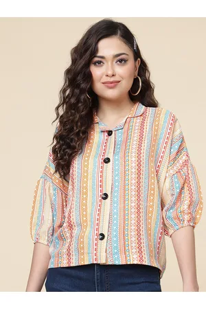 DressBerry Yellow & Blue Ethnic Motifs Printed Cuban Collar Regular Top