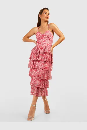 Boohoo Floral Print Ruffled Chiffon A-Line Midi Dress