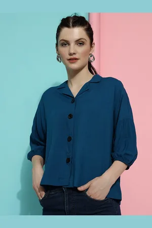 DressBerry Taupe Lapel Collar Puff Sleeves Cotton Shirt Style Top
