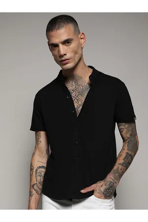 Campus Black Classic Band Collar Cotton Casual Shirt