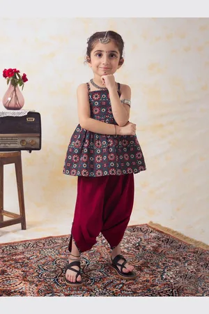 Tiber Taber Girls Ethnic Motifs Printed Gathered Pure Cotton Top with Dhoti Pants