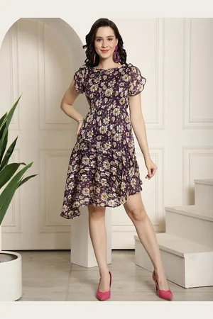 Claura Purple Floral Printed Boat Neck Flutter Sleeves Asymmetric A-Line Dress