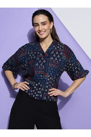 DressBerry Navy Blue Ethnic Motifs Printed Shirt Style Top