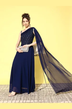 Kvsfab Embellished Embroidered One Shoulder Georgette Maxi Ethnic Dress