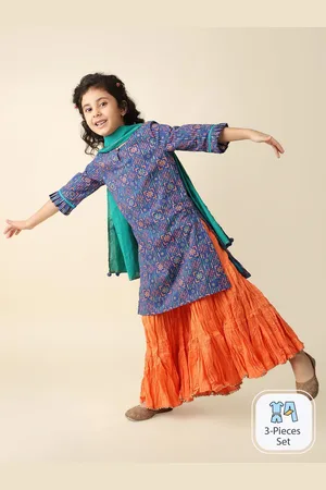 Fabindia Girls Ethnic Motifs Printed Pure Cotton Kurta With Sharara & Dupatta