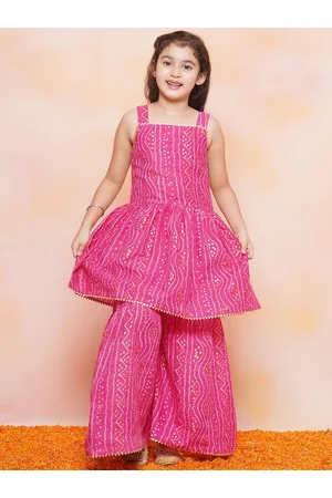 AJ DEZINES Girls Bandhani Printed A-Line Gotta Patti Pure Cotton Kurta With Sharara