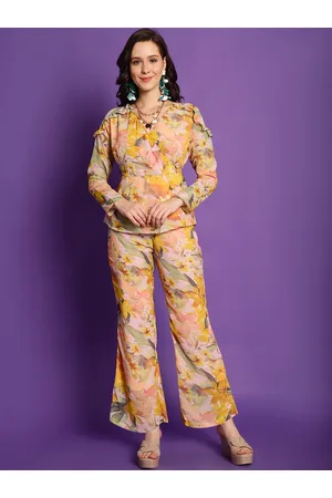 Claura Yellow Floral Printed Top With Palazzo