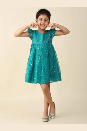 Fabindia Girls Polka Dot Printed Flutter Sleeves Gathered Cotton Silk A-Line Dress